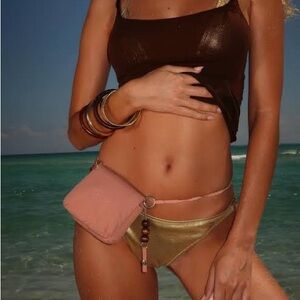 Gisou Beaded Tan Pouch with a Mirror (Limited Edition, Sold Out)